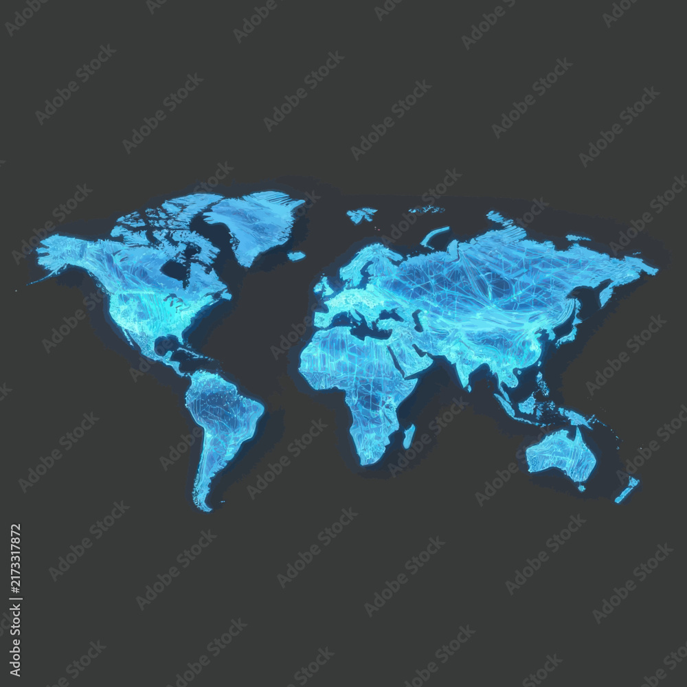 Fototapeta premium Digital World Map Concept Showing Global Connectivity and Network Data Visualization with Glowing Blue Lines and Particles on a Dark Background for Technology and Communication Themes