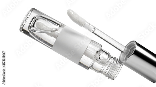 Clear lip gloss tube with applicator wand, transparent cosmetic bottle with blank white label, liquid makeup packaging mockup isolated PNG with Transparent Background