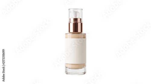 Luxury glass foundation bottle with rose gold pump, cosmetic liquid makeup container with blank label, professional beauty product packaging isolated PNG with Transparent Background