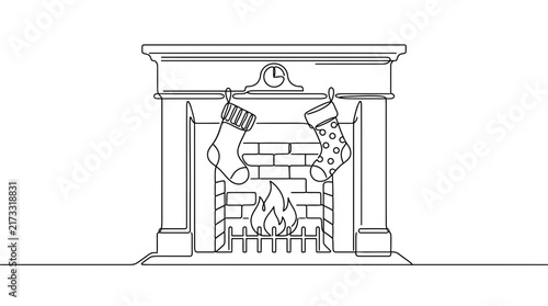 Continuous Line Drawing of a Cozy Fireplace with Christmas Stockings and Burning Fire