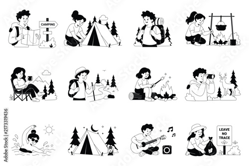 Summer Tracking  and Camping Flat Vector Design