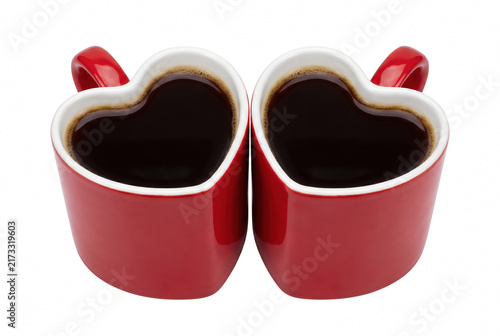 Foto Two Heart Shaped Red Mugs Filled with Dark Coffee