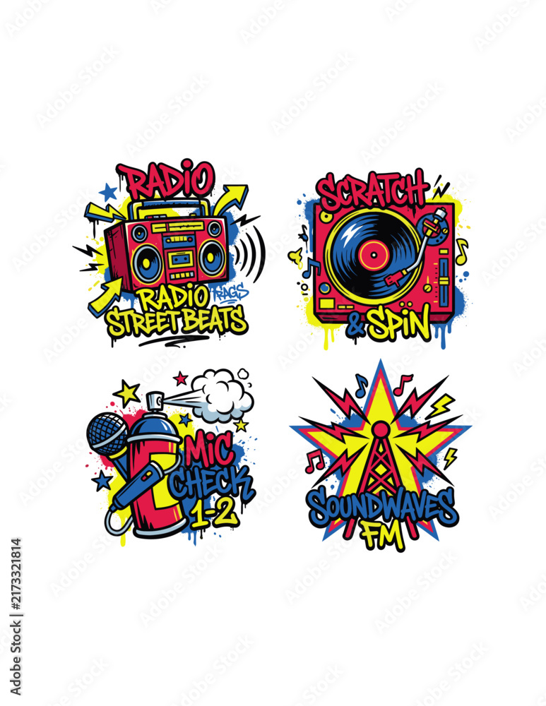 Fototapeta premium Set of hip hop graffiti music stickers boombox turntable spray can and radio antenna illustrations.
