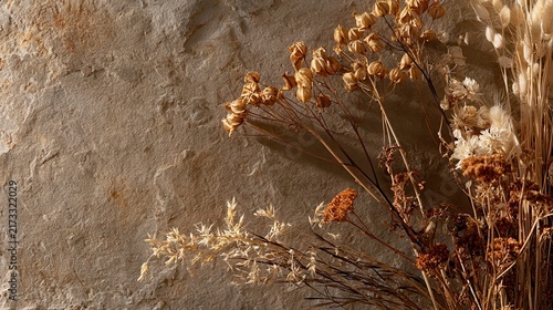 Rustic boho earth tone backdrop concept. Dried wildflowers and plants on a textured earthy background.