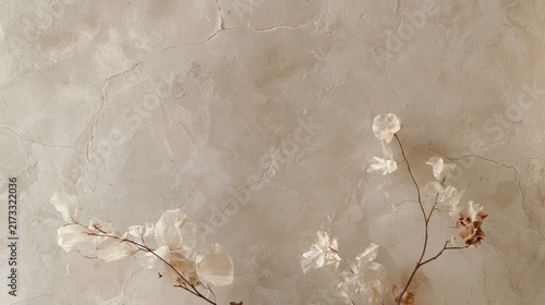 Rustic boho earth tone backdrop concept. Delicate dried flowers on a textured beige plaster wall background.