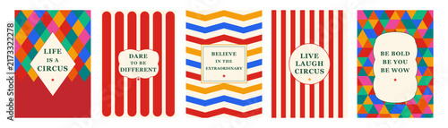 Abstract Circus and Carnival A4 Poster Background Designs with Bold Decorative Shapes, Festive Patterns, and Playful Retro Style, Vector Set