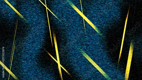 Yellow and green light beams on dark blue textured background abstract digital glitch pattern design