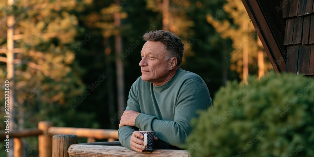Obraz premium Contemplative middle-aged man on cabin porch holding a coffee mug in morning light for peaceful background and wellness banner design