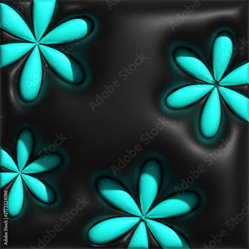 Glowing turquoise flowers on black quilted background neon floral pattern for modern wallpaper and decoration design