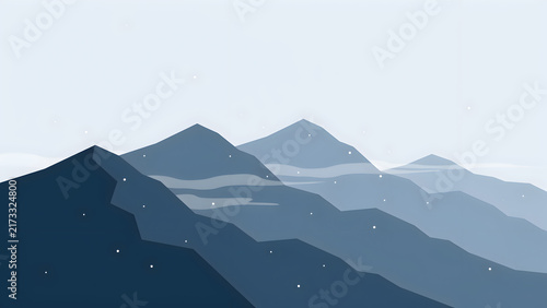 Layered mountain peaks in tranquil blue tones with subtle atmospheric mist during dawn