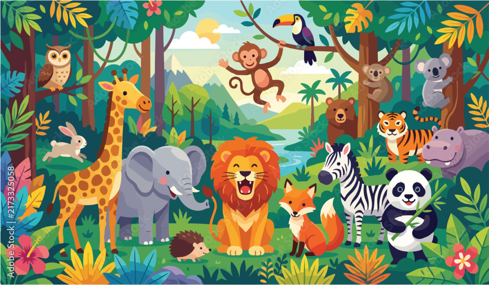 Obraz premium Colorful Jungle Animal Scene with Lion Elephant Giraffe and Panda 
