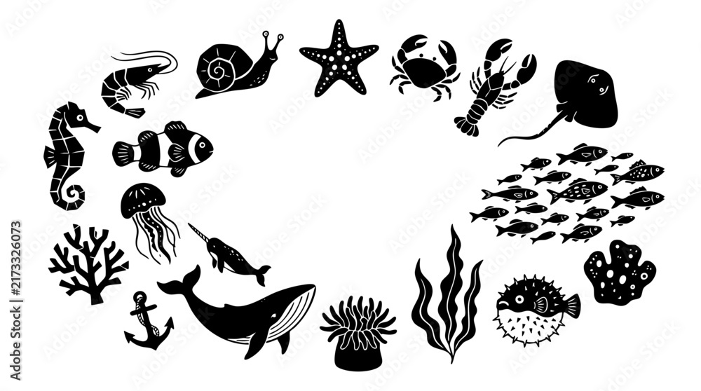 Fototapeta premium Underwater marine life and ocean creature black and white silhouette icons.