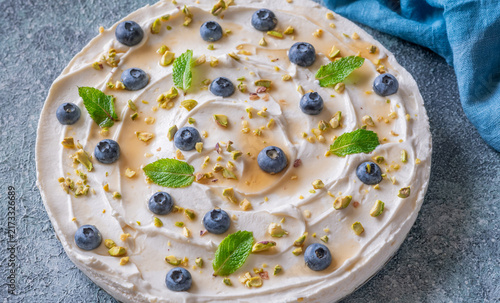 Rustic No Bake Mascarpone Cheesecake Topped With Blueberries Pistachios Maple Syrup And Mint