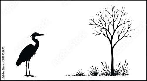 Minimalist black and white silhouette illustration of a heron standing next to a bare tree.