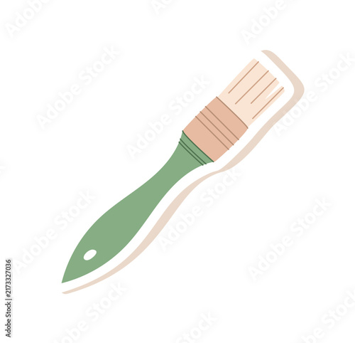Flat paintbrush sticker icon art style. Simple paint brush tool as craft accessory and supply. Minimal brush object in soft green and beige color for art craft project, school study or creative