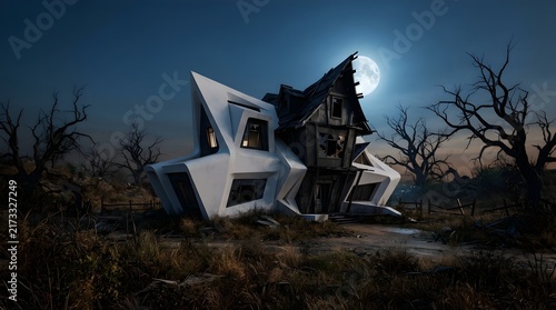 A surreal fusion of a futuristic white geometric structure and a dilapidated, haunted victorian house under a full moon in a desolate, eerie landscape at night