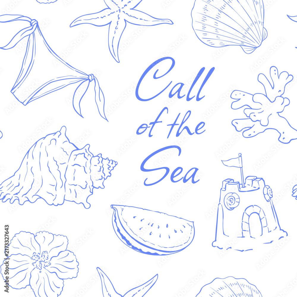 Obraz premium Whimsical beach travel seamless pattern with blue shell starfish castle and coral doodle art. Hand drawn line background for mediterranean sea vacation textiles and packaging design.