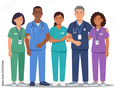 Diverse healthcare team stands together, smiling warmly. Professional medical staff, showcasing teamwork and patient care. Clean, modern illustration.