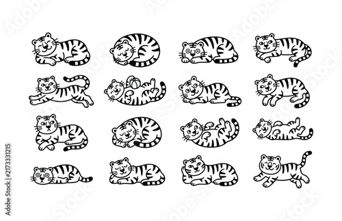 Cute Sleeping and Playing Cat Hand Drawn Icons