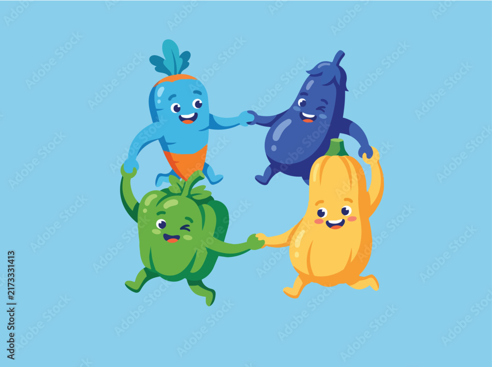 Naklejka premium Four Friendly Vegetable Characters Holding Hands