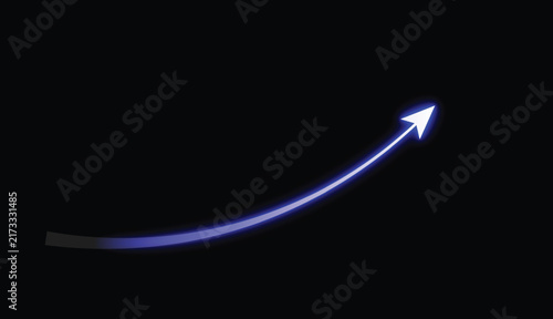 Abstract glowing blue stock market growth arrow background vector with upward curved line and corporate success theme.