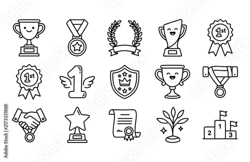 Award Trophy Medal and Achievement Hand Drawn Icons