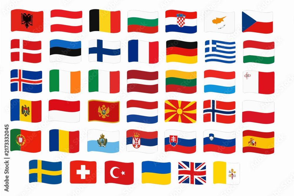 Obraz premium Set of Waving European National Flags, Europe Countries Flag Collection