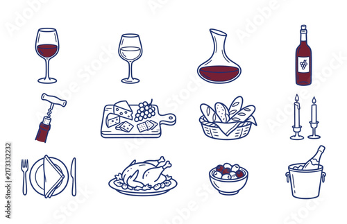 Wine and Beverage Hand Drawn Icon Collection