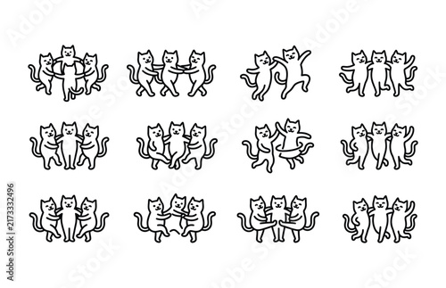 Cute Cat Group and Social Activity Hand Drawn Icons