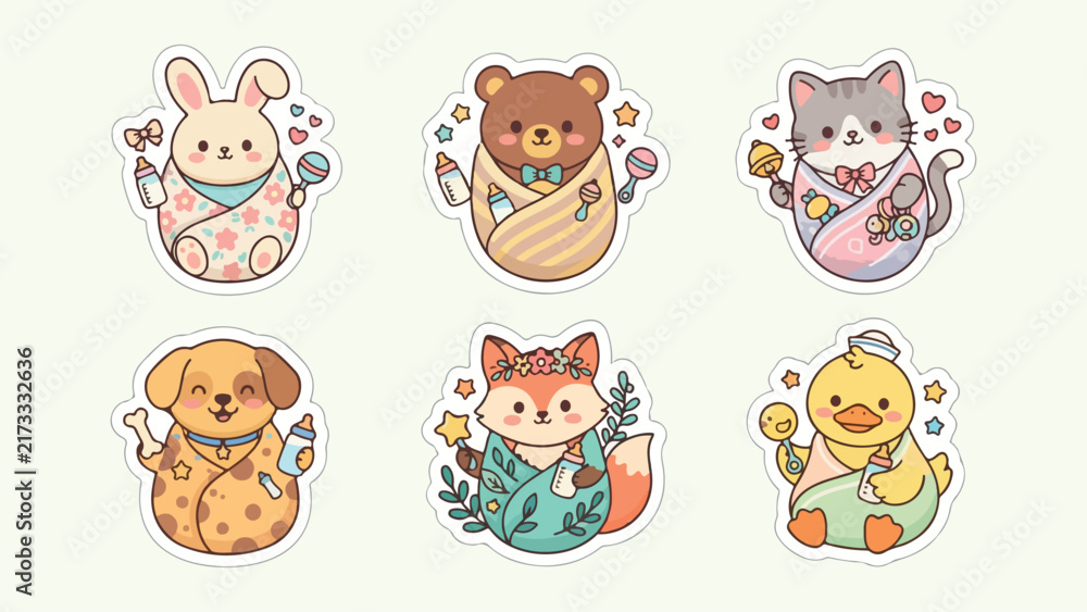Fototapeta premium Cute Teddy Bear and Fox Animal Characters Sticker Set