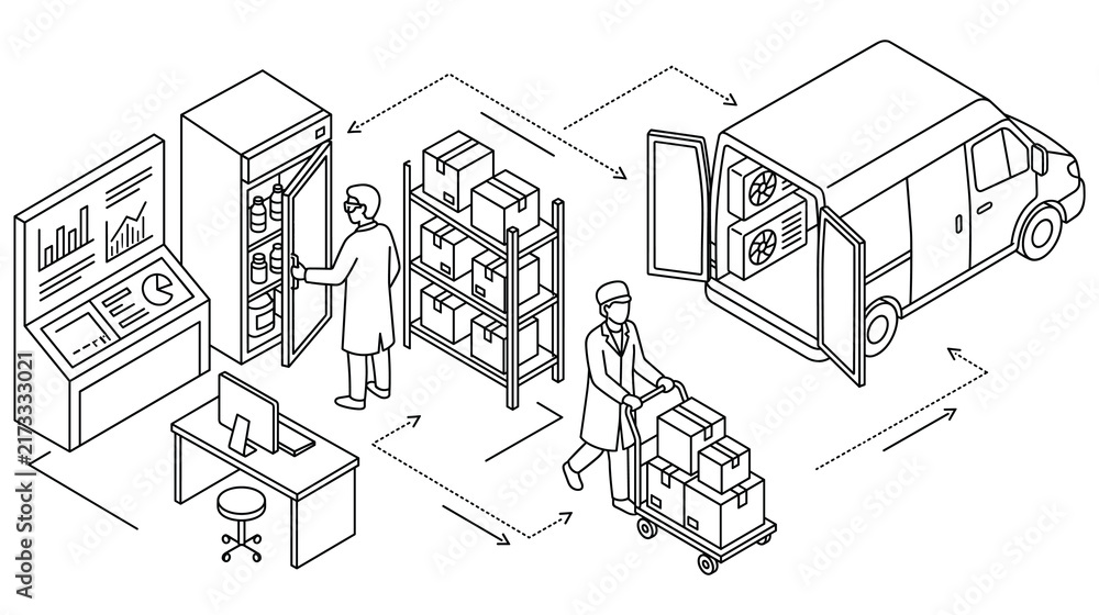 Fototapeta premium Medicine supply chain isometric vector outline illustration with medical worker delivering products.