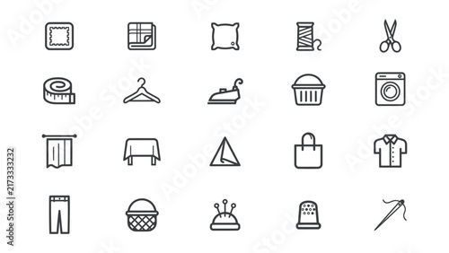 Collection of sewing and laundry icons isolated on transparent background