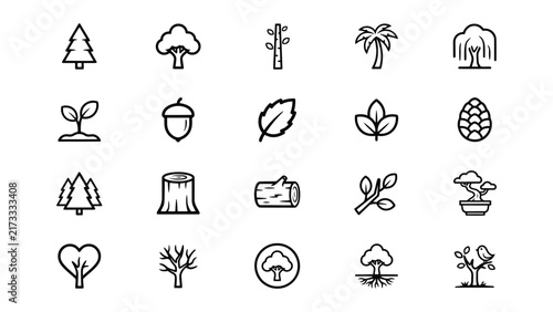 Collection of various stylized tree and plant icons isolated on transparent background