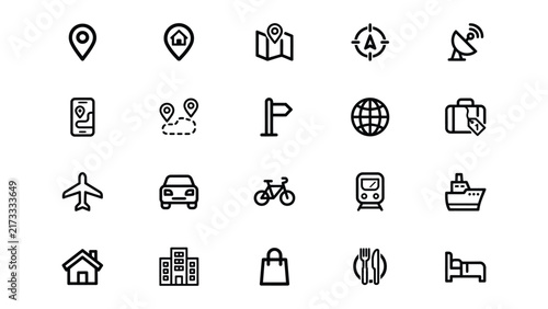 Set of travel and transportation icons with various symbols isolated on transparent background