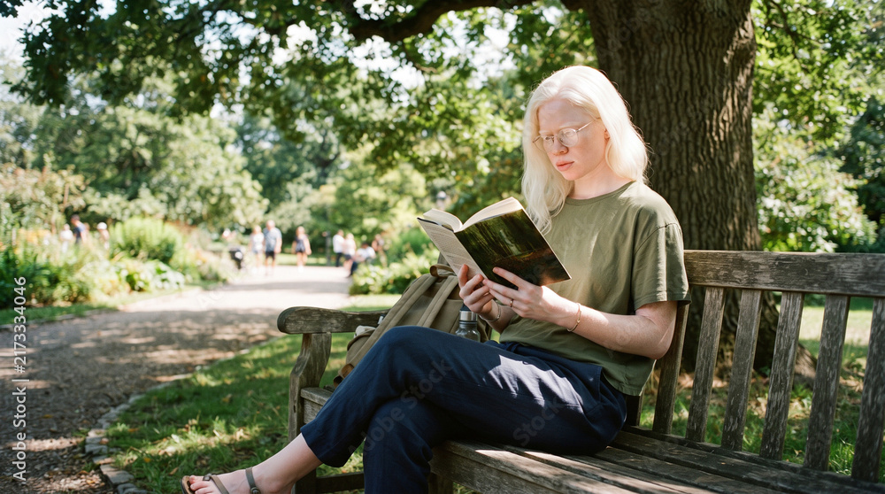 Fototapeta premium Young albino woman reading a book on a park bench