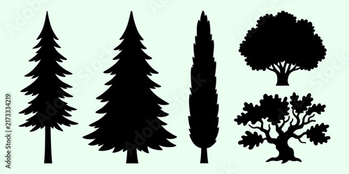 Forest trees solid black silhouettes set with pine fir cypress and oak tree