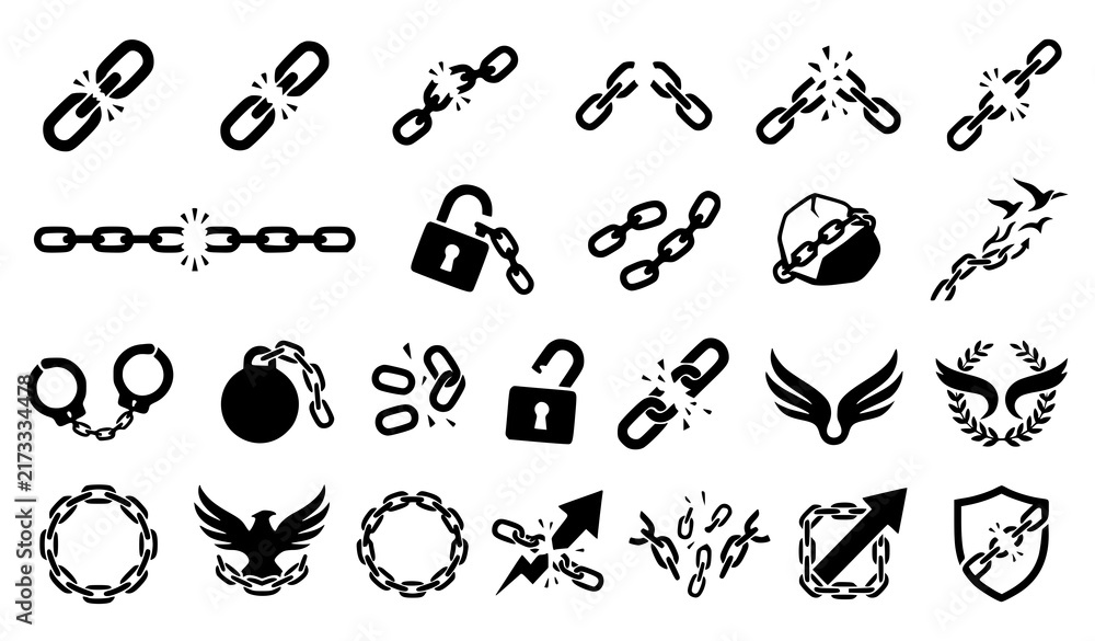 Fototapeta premium Minimal broken chain silhouette icons, freedom liberation and breakthrough vector set