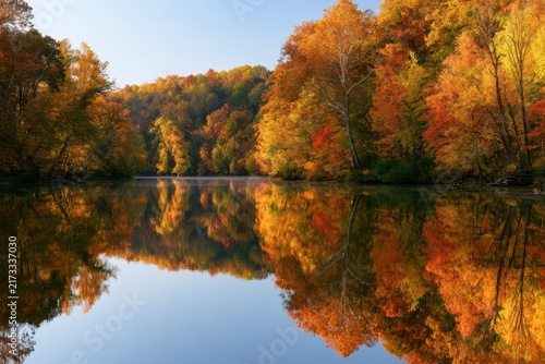 Golden Autumn Trees Reflecting on River Water