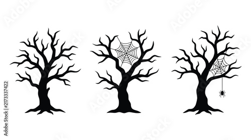 Spooky black silhouette trees with intricate spider webs and hanging spiders for creative halloween design projects