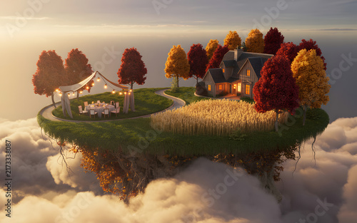 Floating island home with fall foliage and outdoor dining during sunset