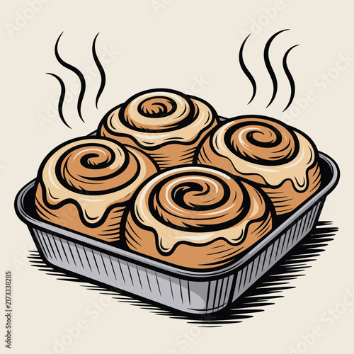 Freshly baked cinnamon rolls with sweet icing in a baking pan with steam