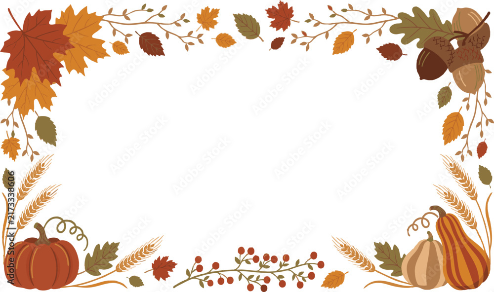 Fototapeta premium Autumn Decorative Background with Fall Leaves Pumpkin and Acorns Vector