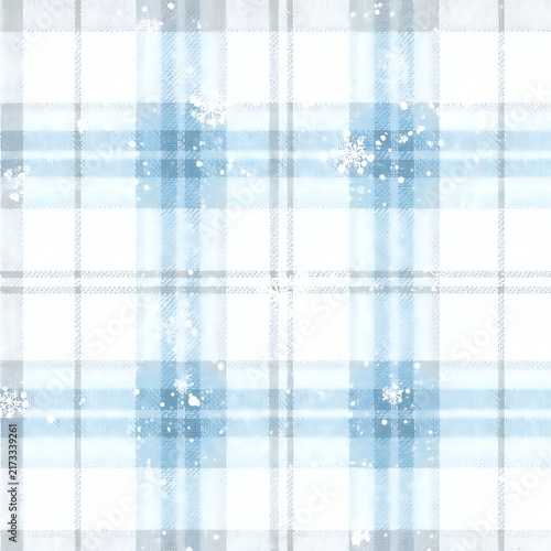 Blue and white winter plaid seamless pattern with snowflakes