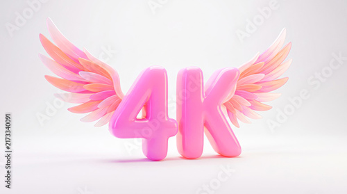 Glossy Pink 4K Text with Angel Wings 3D Render Isolated on White Background