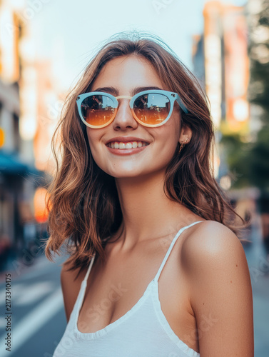 Young woman smiling while wearing sunglasses on city street