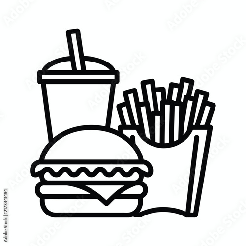 Fast food combo meal with hamburger french fries and drink outline icon