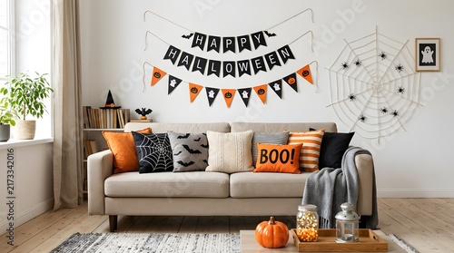 Cozy living room decorated for halloween with festive banners and orange and black pillows on a sofa
