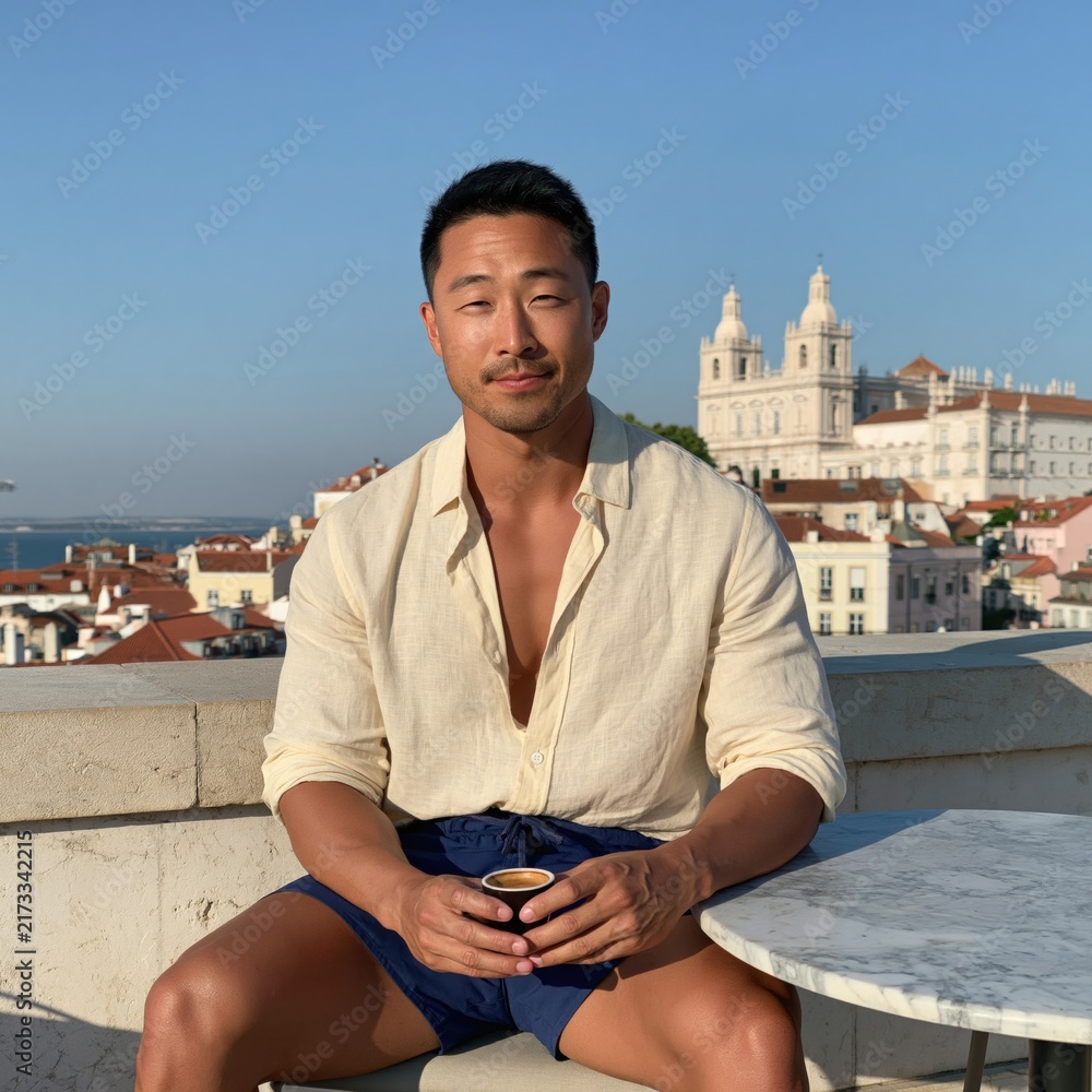 Naklejka premium Relaxed man in linen shirt holding a cup on a european rooftop with historic city views for travel portrait use