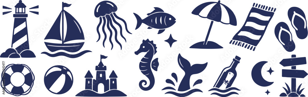 Fototapeta premium Navy Blue Seaside and Beach Icon Set with Lighthouse, Sailboat, Jellyfish, Seahorse, Sandcastle, Umbrella and Nautical Summer Symbols, Vector illustration