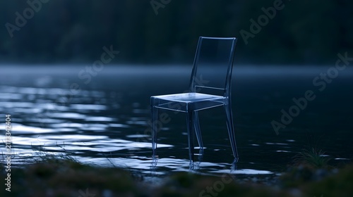 A transparent chair stands alone in calm water at dusk  surrounded by mist and dark trees in the background